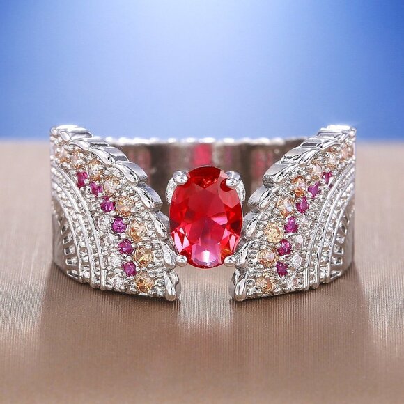 💞 Ethnic Oval Red Ruby Zircon Wings Vintage Silver Ring for Women PD596